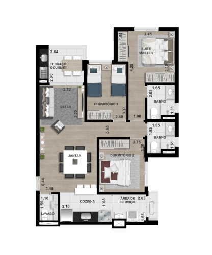 FINAL 4 - 87,80 m² - OPÇÃO 1 - 3 DORM. (1 SUÍTE)